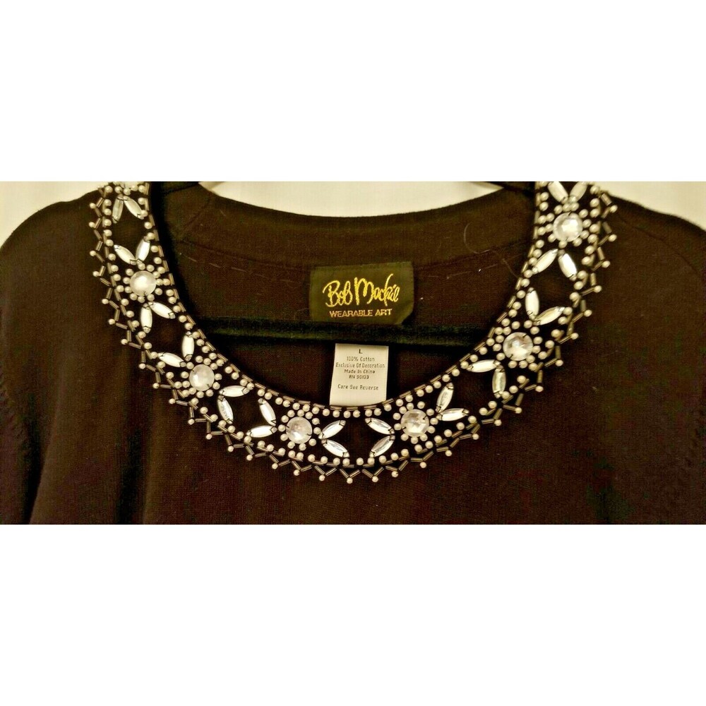 Bob Mackie Knit Tunic Embellished Gem & Faux Pearl Wearable Art Black Size Large